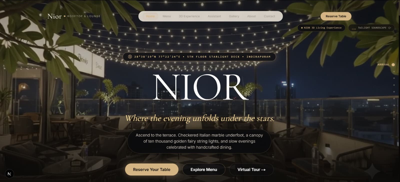 Rooftop café luxury 3D website hero section with ambient twilight backdrop