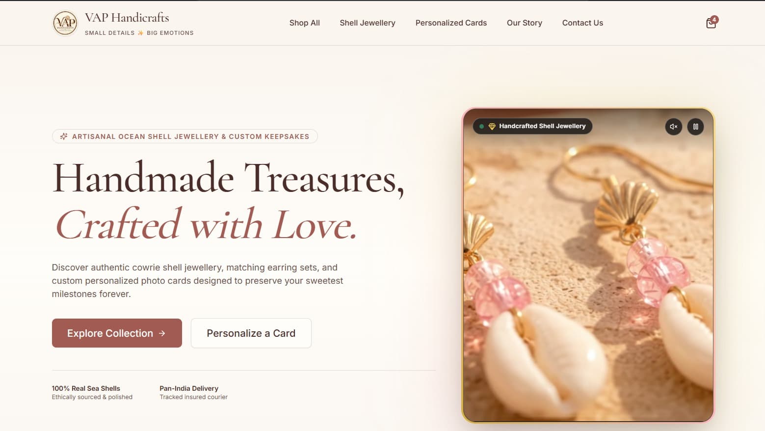VAP Handicrafts e-commerce storefront hero with artisan ocean elements
